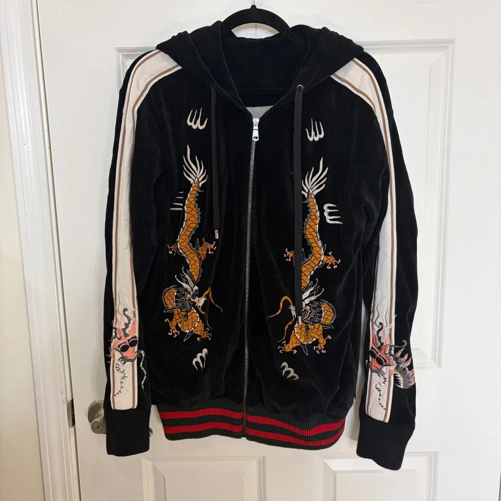 Gucci Black Velvet Dragon Embroidered Web Stripe Zip Up Hoodie Mens Large